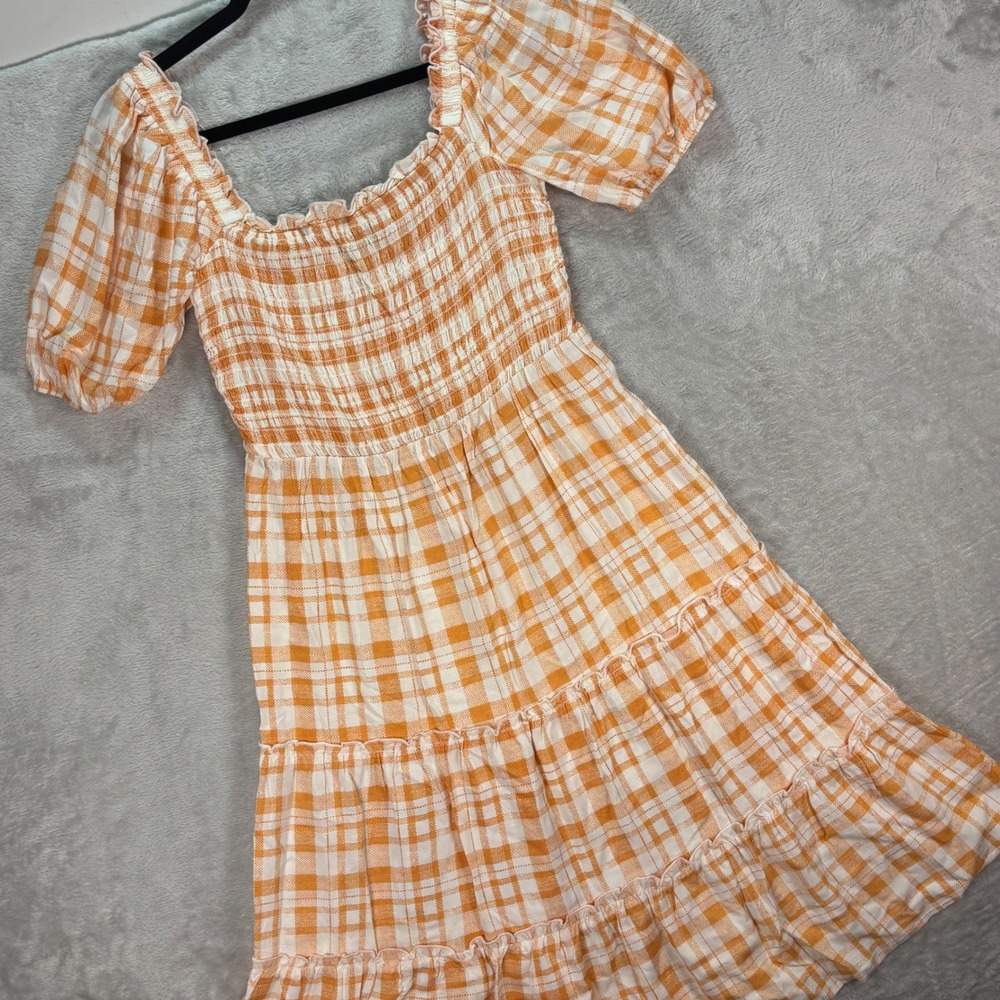 U Wish Women's Milkmaid Midi Dress Orange White Gingham Smocked Ruffle Hem Sz M